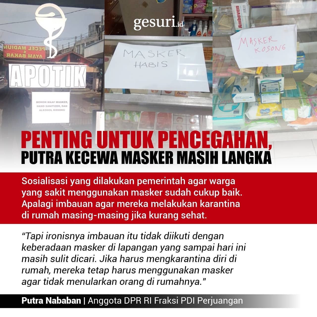 Cegah Corona, Putra Nababan Kecewa Masker Masih Langka